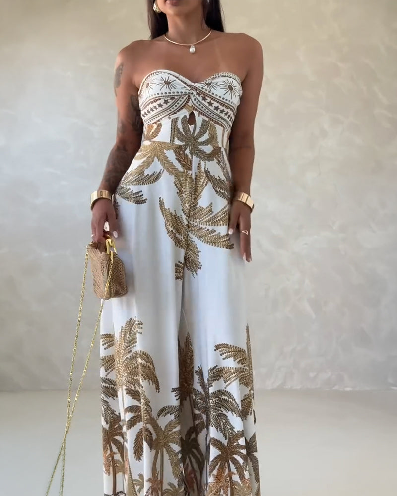 Palm Tree Print Bandeau Twist Front Backless Tie Back Overalls Casual Hollow-out Front Wide Leg Jumpsuit