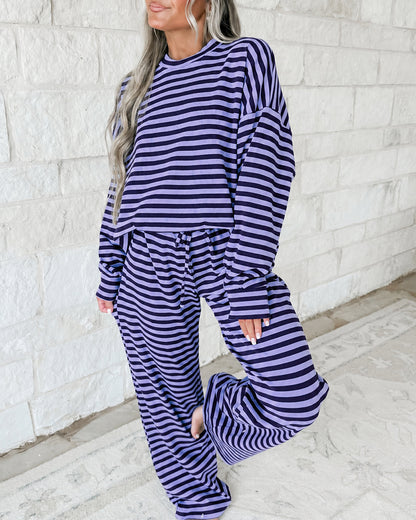 Women's 2 Piece Striped Outfits Long Sleeve Crewneck Top and Wide Leg Pants Set