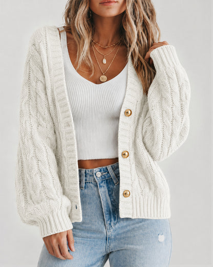 Women's Cable Knit Cardigan V Neck Button Down Chunky Knit Sweater Loose Lantern Sleeve Warm Outerwear