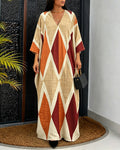 Women's Oversized Argyle Kaftan Maxi Dress V Neck Batwing Sleeve Hollow-out Beach Robe Long Dress with Pockets