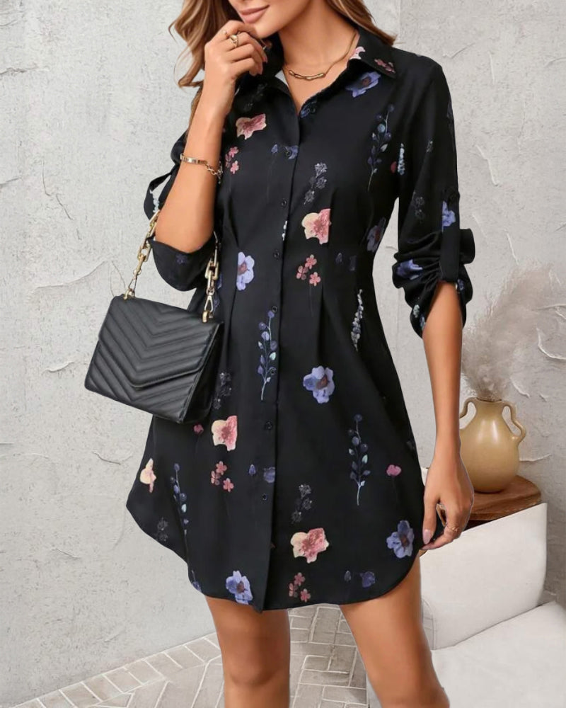 Watercolor Floral Print Turn-down Collar Turn-Up Sleeves Shirred Back Shirt Dress Casual Button Down Cinched Waist Asymmetrical Hem Vacation Dress