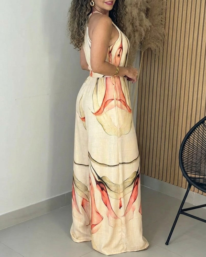 Women's Elegant Ink Floral Print Wide Leg Jumpsuit Casual Sleeveless Vacation Overalls with Belt