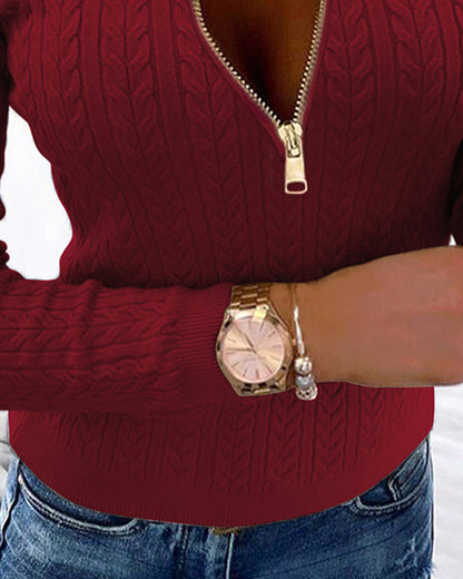 Crewneck Half Zipper Cable Textured Knit Sweater Slim Fit Pullover Top