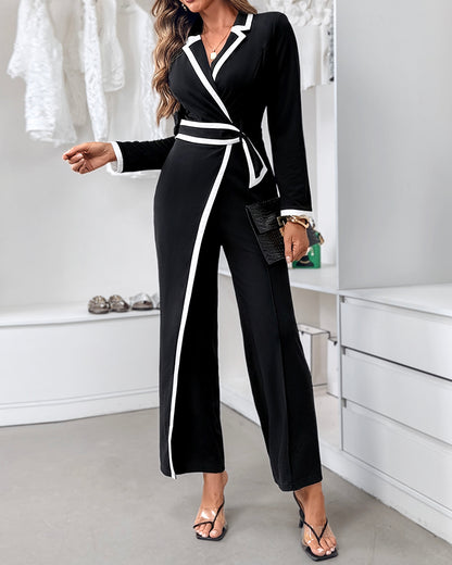 Contrast Paneled Notched Collar Padded Shoulders Work Jumpsuit Casual Zipper Back Wrap Front Jumpsuit