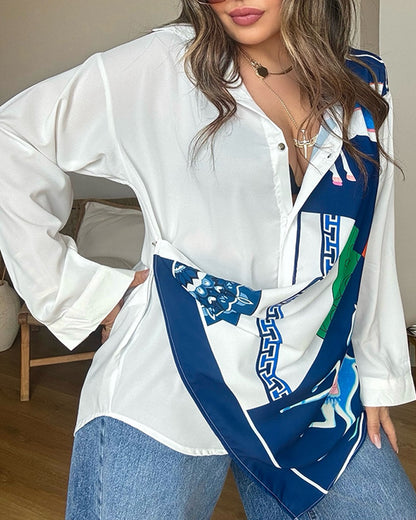 Women's Scarf Print Spliced Shirt Faux Two Piece Oversized Blouse Turn-down Collar Button Down Long Sleeve Top