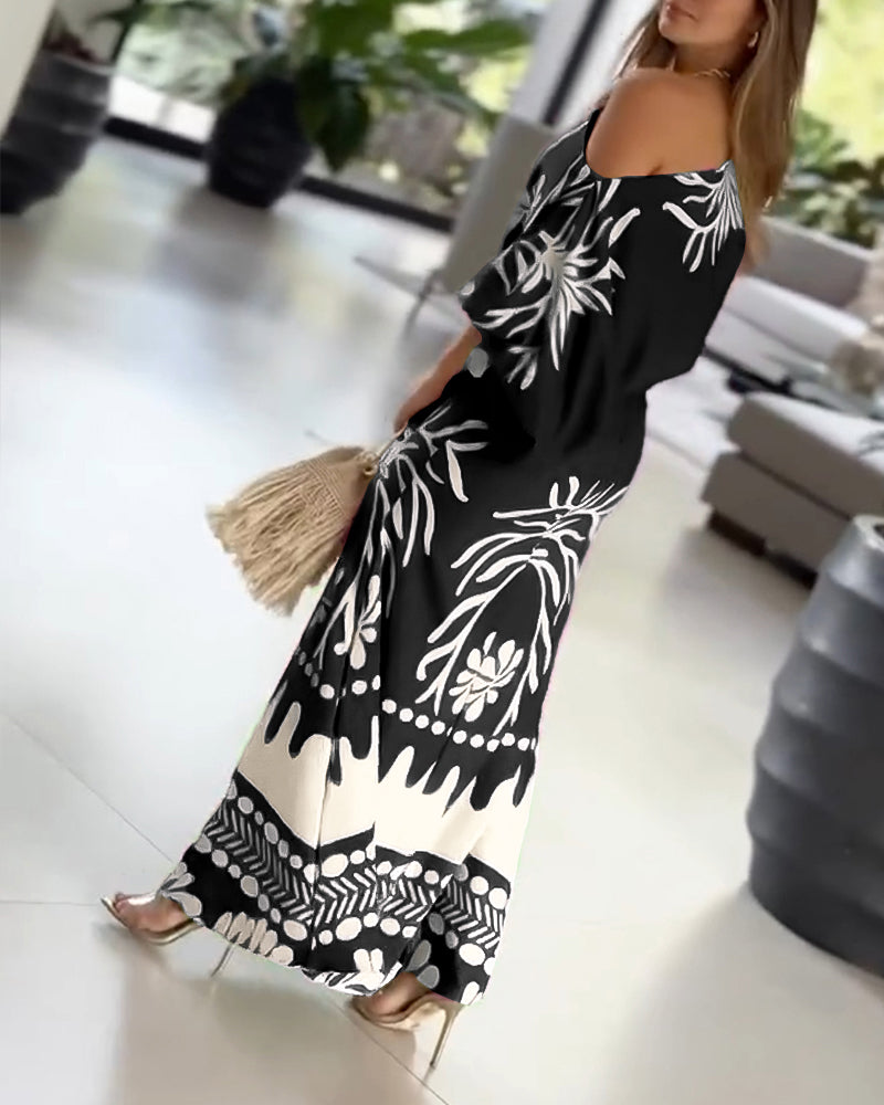 2 Pieces Outfit Tropical Print Lantern Sleeve Cold Shoulder Loose Top And Casual High Waist Fishtail Maxi Skirt Set