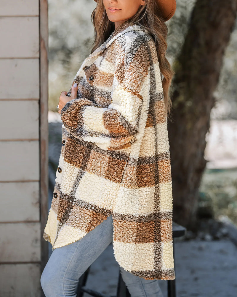 Women's Plaid Fleece Shacket Lapel Button Down Mid Length Oversized Jacket