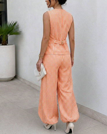 Women's French Vintage Plaid 2 Piece Outfits Sleeveless Button Vest Top and High Waist Lantern Pants Set