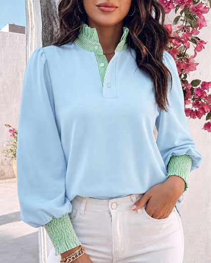 Women's Contrast Stripe Patchwork Blouse Frill Hem Stand Collar Puff Lantern Sleeve Shirred Cuff Pullover Shirt
