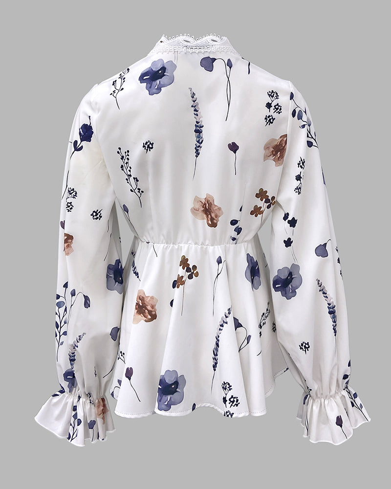 Floral Print Deep V-Neck Lantern Sleeve Casual Contrast Lace Tied Detail Blouse