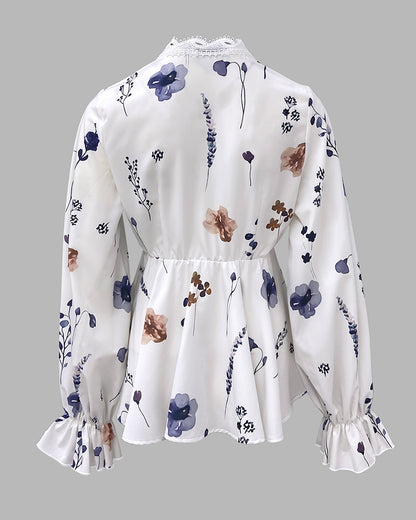 Floral Print Deep V-Neck Lantern Sleeve Casual Contrast Lace Tied Detail Blouse