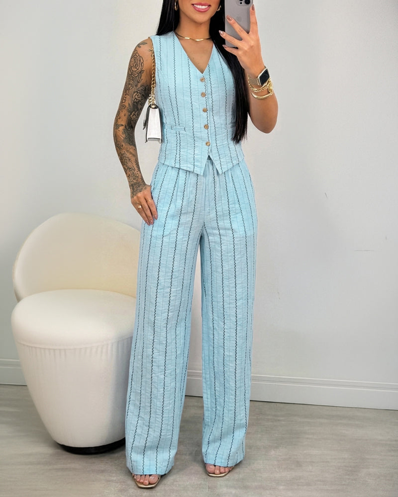 2 Pieces Outfit V-Neck Sleeveless Button Front Adjustable Buckle Back Vest and Elastic Back Waist Wide Leg Pants Set Casual Striped Commuting Set
