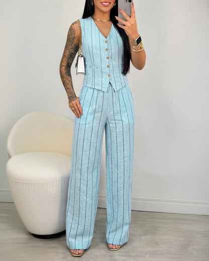 2 Pieces Outfit V-Neck Sleeveless Button Front Adjustable Buckle Back Vest and Elastic Back Waist Wide Leg Pants Set Casual Striped Commuting Set