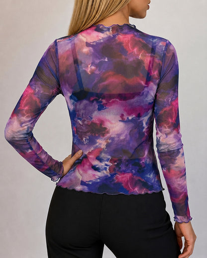 Women's Vintage Tie Dye Print Sheer Mesh Top Frill Trim Mock Neck Long Sleeve Tee