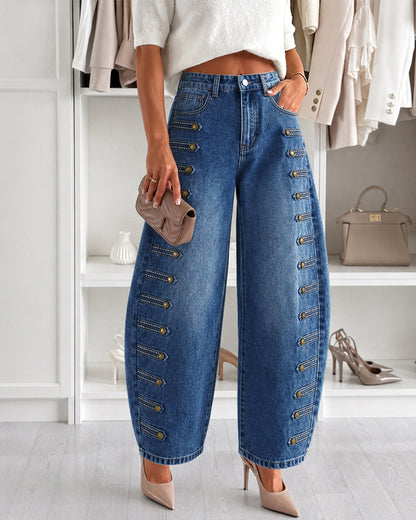 Women's Barrel Jeans High Waisted Side Button Denim Pants Distressed Washed Baggy Trousers Retro Y2K Streetwear