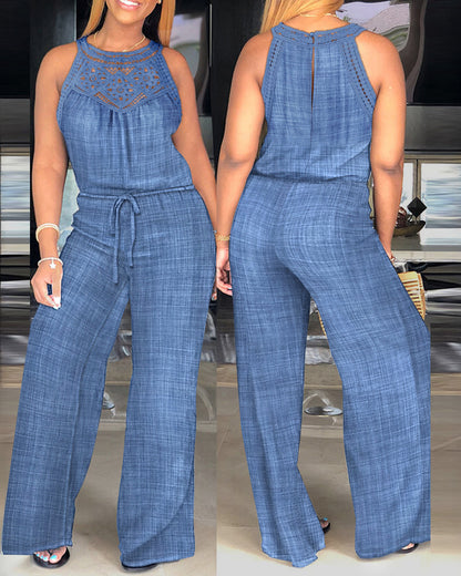 Women's Halter Jumpsuit Lace Trim Backless Overalls Tied Detail Wide Leg Jumpsuit with Pockets
