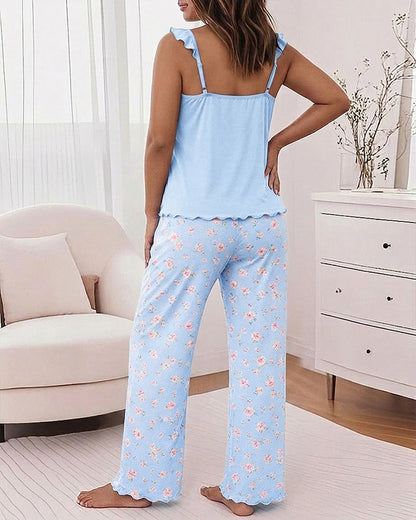Women's 2 Piece Pajama Set Sleep Letter Print Cami Top and Ditsy Floral Wide Leg Pants Loungewear Set with Pockets