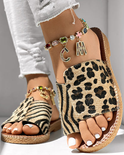 Zebra Stripe Leopard Pattern Toe Post Slippers
