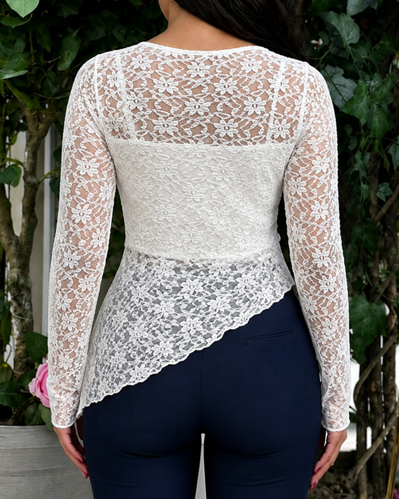 Women's 2 Piece Outfit Sheer Floral Lace Asymmetrical Hem Long Sleeve Top with Cami Top