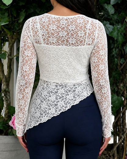 Women's 2 Piece Outfit Sheer Floral Lace Asymmetrical Hem Long Sleeve Top with Cami Top