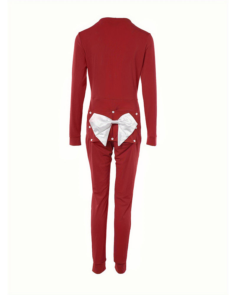 Plunge Long Sleeve Bowknot Decor Functional Onesie