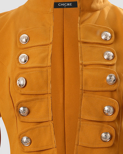 Women's Faux Suede Set Double Breasted Decor Stand Collar Cropped Jacket and Slim Fit Pants