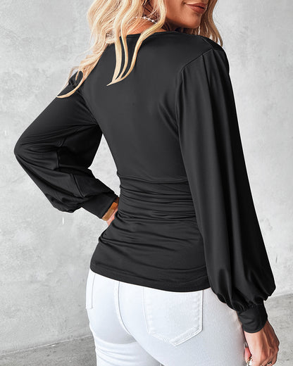 Deep V-Neck Lantern Sleeve Ruched Blouse Casual Slim Fit Top