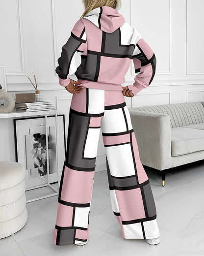 Geometric Print Colorblok Hoodie & Wide Leg Pant Set