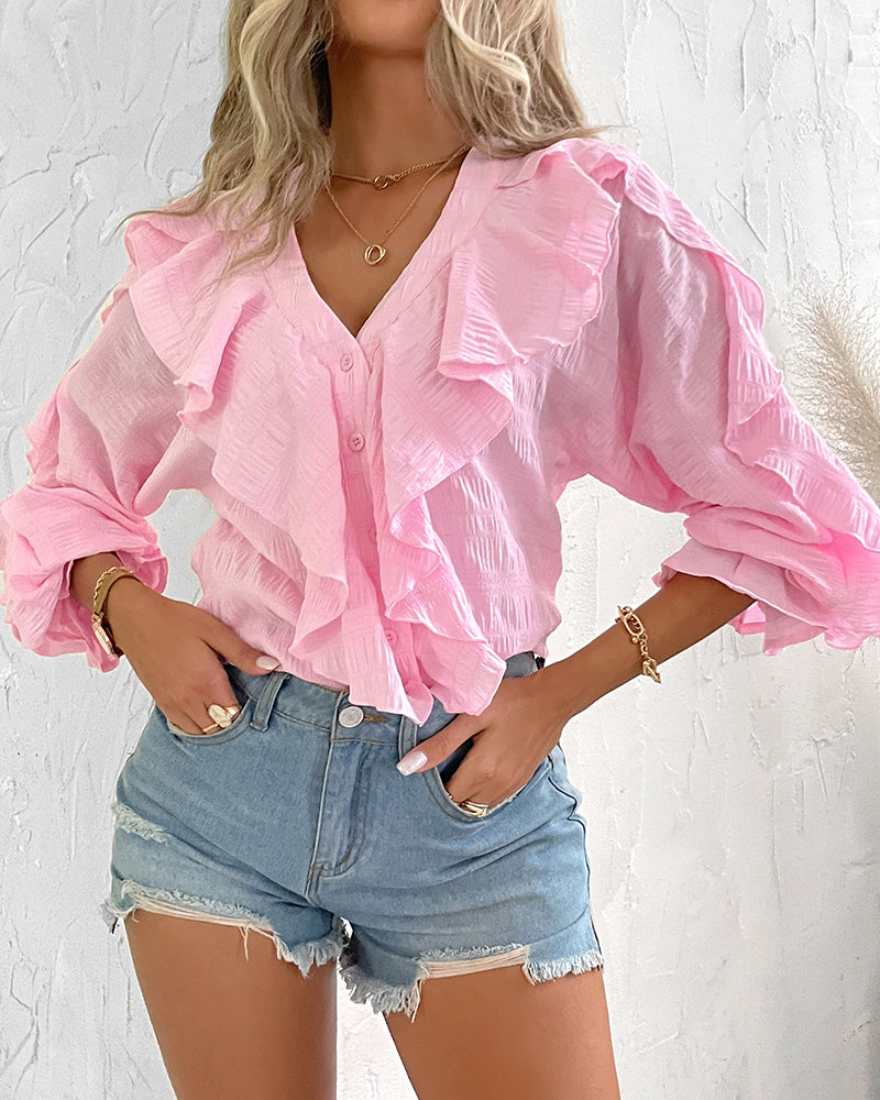 Ruffle Hem Long Sleeve Textured Blouse