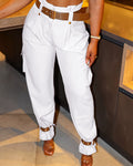 Women's Pockets Design Cargo Pants Casual High Waisted Trousers with Contrast Belt