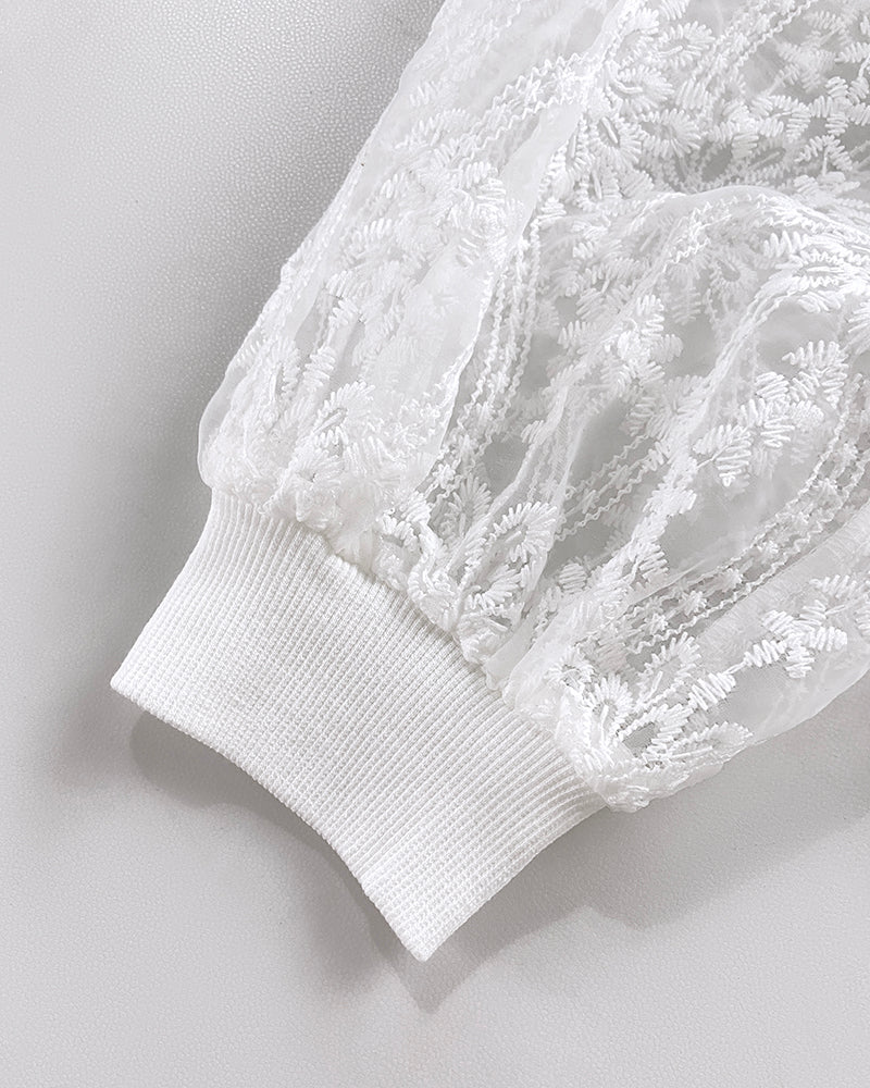 Floral Lace Embroidered Mesh Patchwork High-Low Hem Baseball Coat Casual Side Slit Zip Up Bomber Jacket