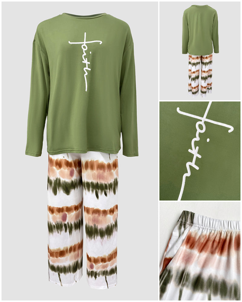 2 Pieces Outfit Letter Placement Print Long Sleeve Drop Shoulder Top and Ombre Loose Fit Pants Set Casual Pajamas Set