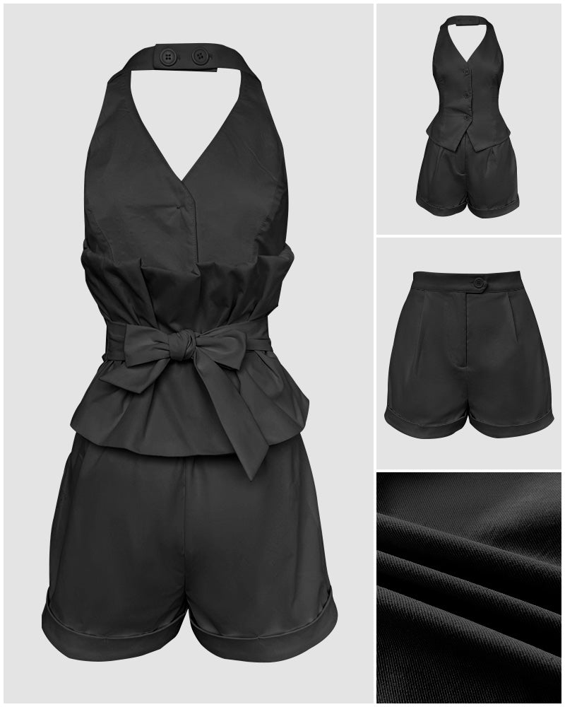 2 Pieces Outfit V Neck Button Front Bow Tie Back Sleeveless Backless Top And Casual Elastic Back Waist Zipper Fly Shorts Set
