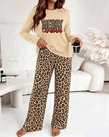 Women's Two Piece Pajamas Set Christmas Letter Print Long Sleeve Top and Leopard Pants with Pockets