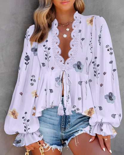 Floral Print Deep V-Neck Lantern Sleeve Casual Contrast Lace Tied Detail Blouse