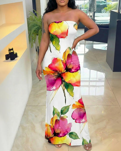 Watercolor Floral Print Slim Fit Stretchy Maxi Dress Chic Tube Dress