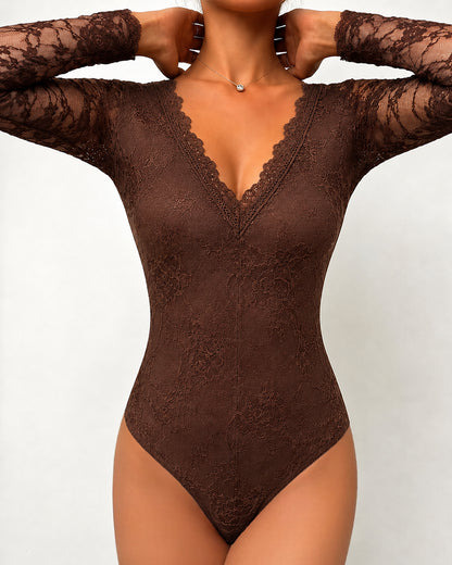 Women's Sexy Lace Bodysuit V Neck Long Sleeve Top Casual Slim Fit Clubwear