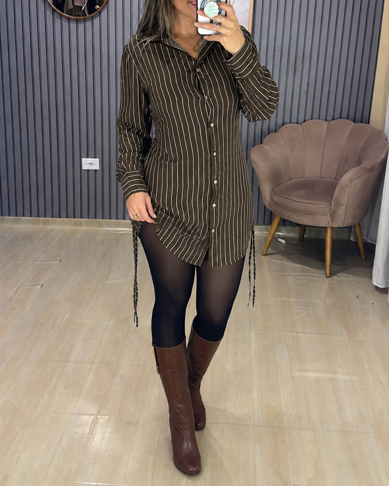 Women's Striped Shirred Back Shirt Dress Ruched Side Drawstring Long Sleeve Button Down Mini Dress