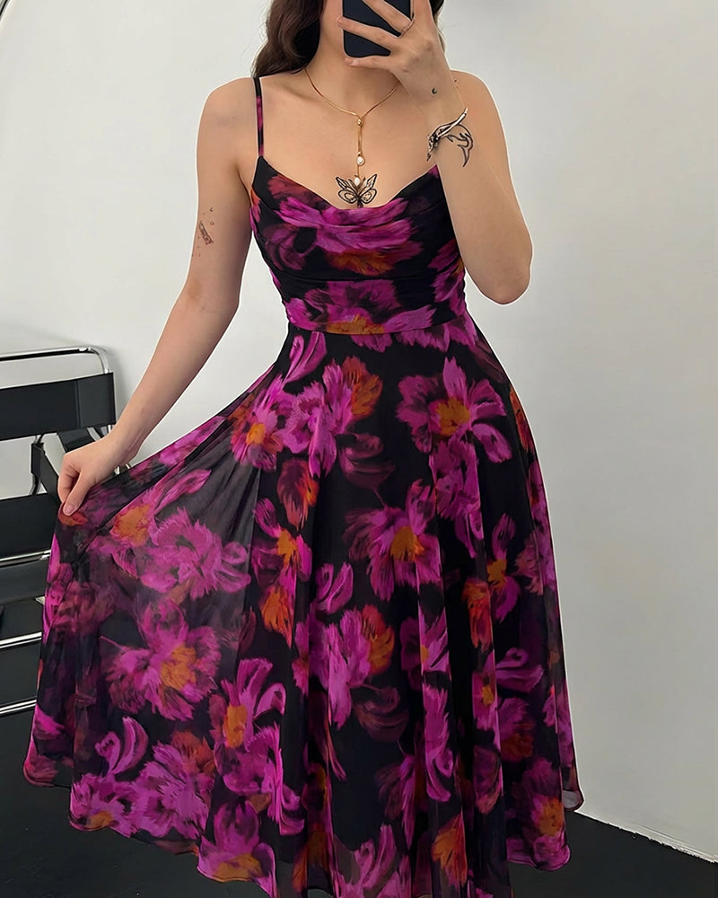 Vintage Oil Painting Floral Print Cowl Neck Adjustable Spaghetti Straps A Line Dress Elegant Cinched Waist Zipper Back Party Dress