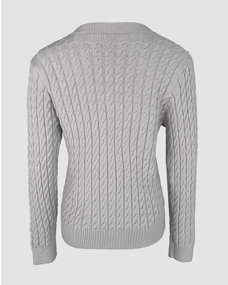 Rhinestone & Pearls Decor V-Neck Cable Textured Knit Sweater