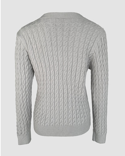 Rhinestone & Pearls Decor V-Neck Cable Textured Knit Sweater