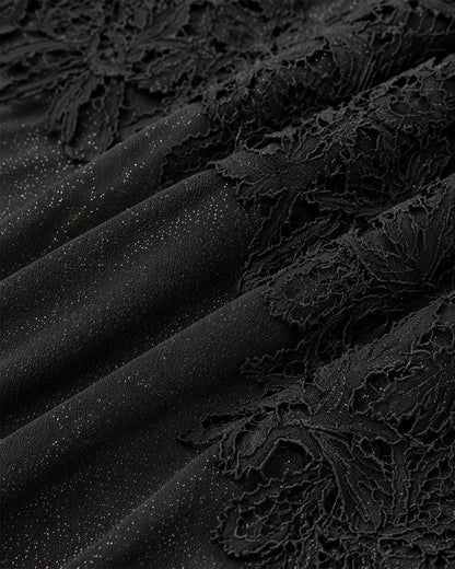 Women's Lace V Neck Jumpsuit Sheer Lantern Sleeve High Waist Straight Leg Overalls with Belt