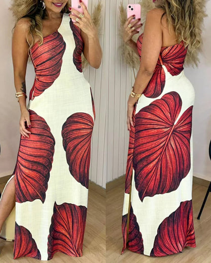 Tropical Print One Shoulder Bodycon Slit Dress Sexy Slim Fit Maxi Dress