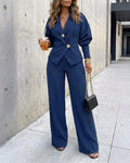 Women's 2 Piece Set V-Neck Cinched Waist Gigot Sleeve Top and High Waist Wide Leg Pants Elegant Set