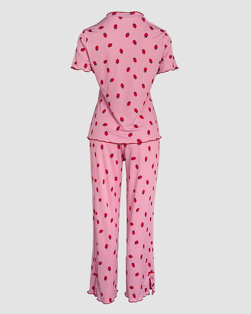 2 Pieces Outfit Strawberry Print Stand Collar Short Sleeve T-shirt and Pants Pajamas Set