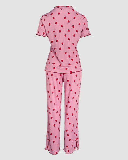 2 Pieces Outfit Strawberry Print Stand Collar Short Sleeve T-shirt and Pants Pajamas Set