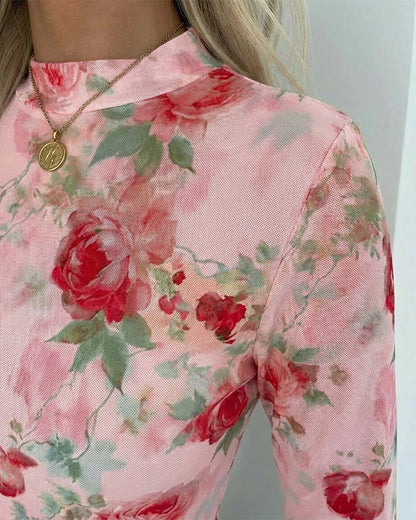 Floral Print Mock Neck Long Sleeve Tee Slim Fit Sheer Mesh Layering Top with Thumb Hole Cuffs