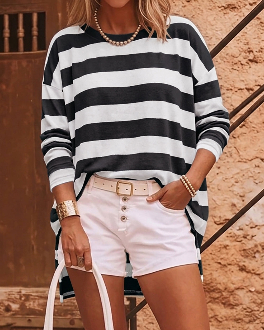 Women's Striped T Shirt Long Sleeve Drop Shoulder Crewneck Tee Side Slit Casual Loose Fit Top