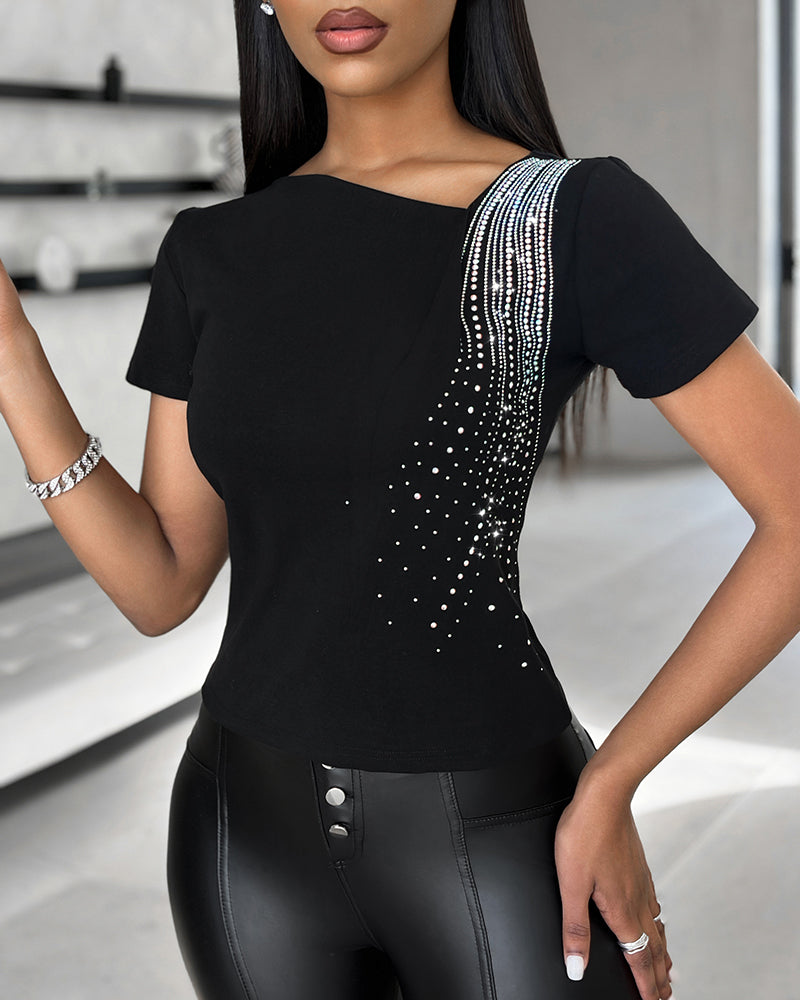 Women's Asymmetric Neckline T-Shirt Rhinestone Short Sleeve Tee Sparkly Slim Fit Casual Party Top