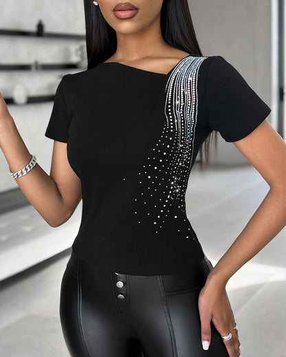 Women's Asymmetric Neckline T-Shirt Rhinestone Short Sleeve Tee Sparkly Slim Fit Casual Party Top